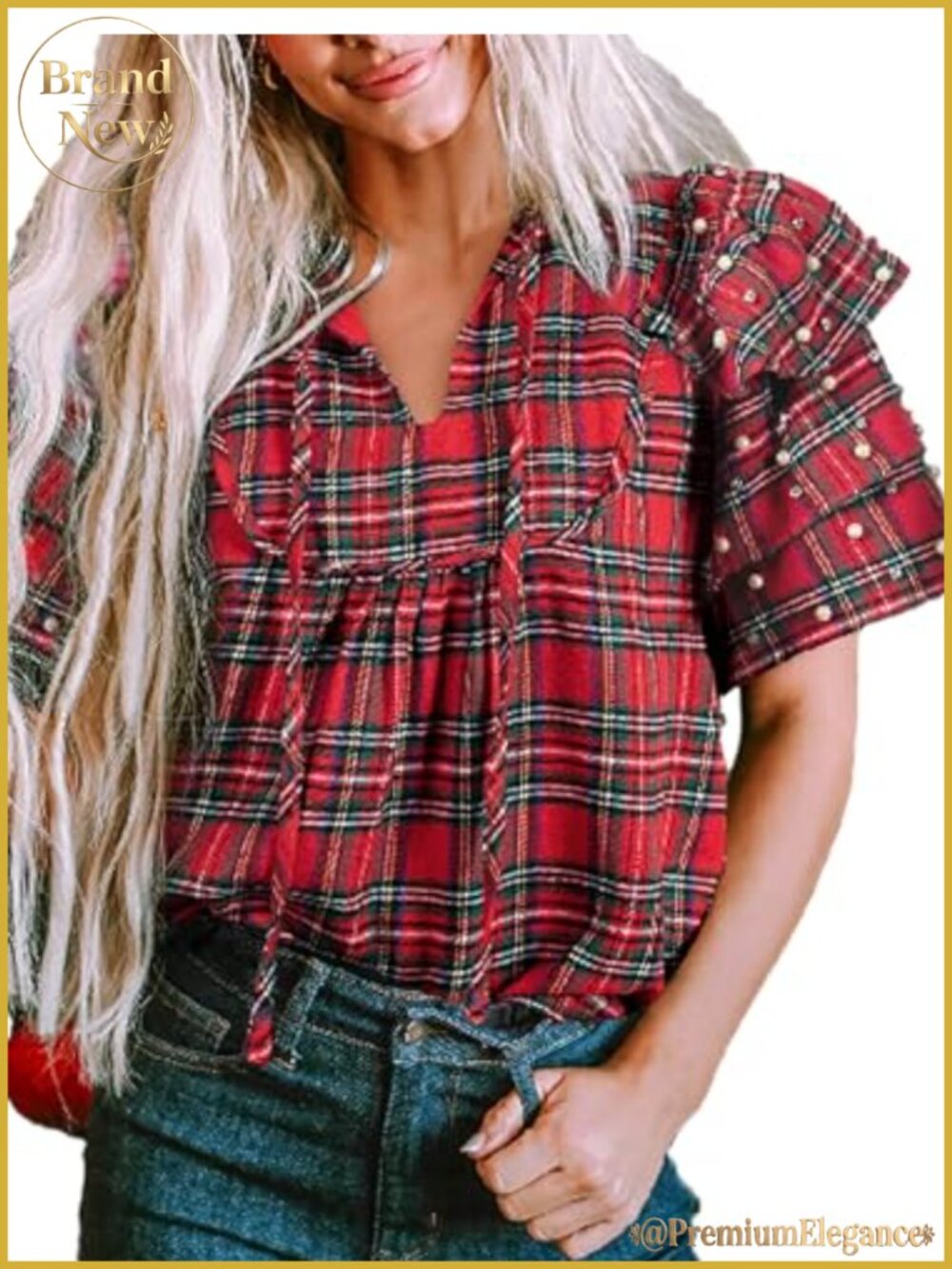Plaid Pearl Ruffle Sleeve V Neck Short Sleeve Casual Top